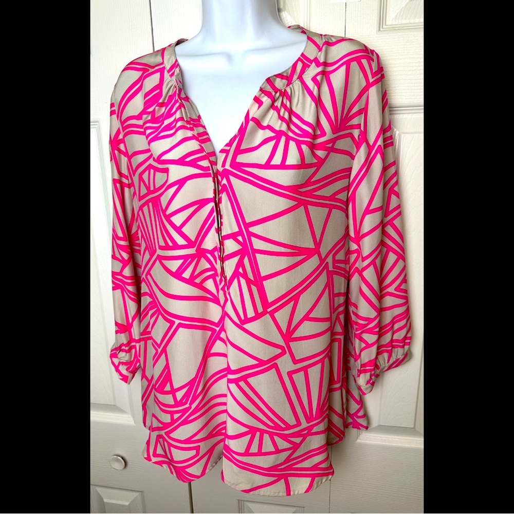BRITT RYAN Geometric Print Popover Blouse Top Shirt Bright Pink Gray Taupe Silk